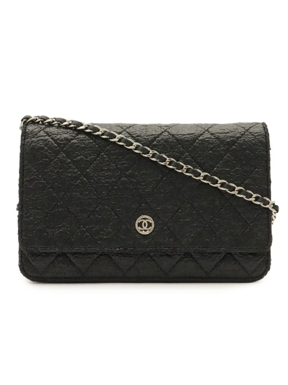 Chanel Quilted Chain Wallet Shoulder Bag Pochette Coating Leather Black Silver